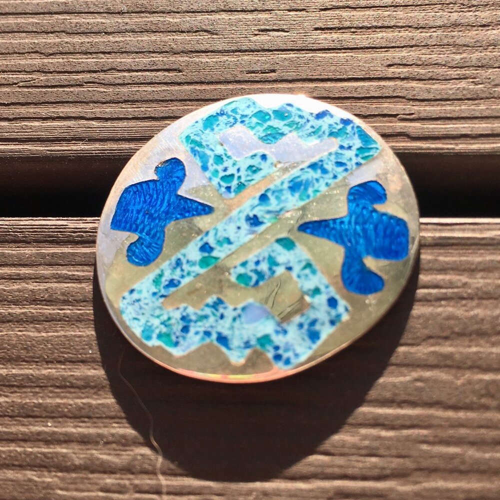 Vintage Blue Floral Geometric Silver Pin Brooch